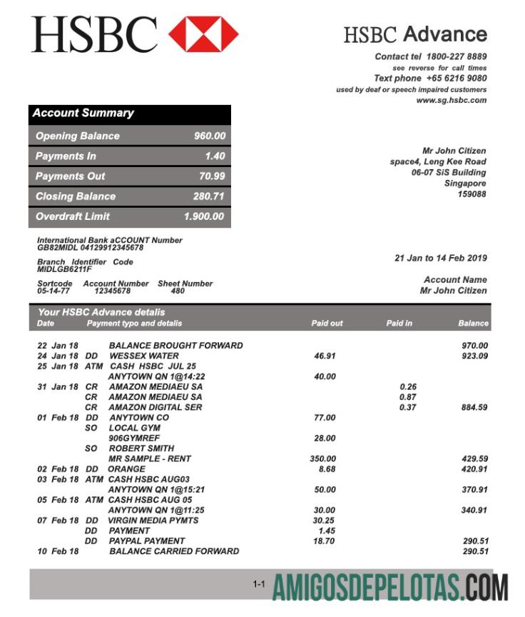 Modelo de extrato bancário HSBC de Cingapura para download totalmente editável em formato PSD